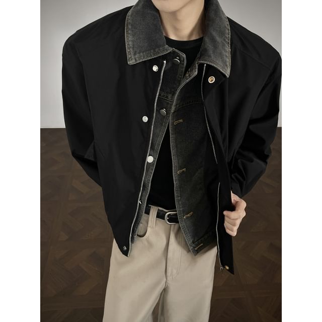 Patow-Collared Mock Two Piece Panel Denim Zip Jacket