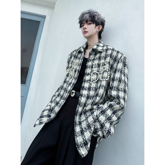 Patow-Collared Plaid Lettering Beaded Button Shacket