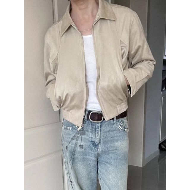 Patow-Collared Plain Faux Suede Zip Jacket
