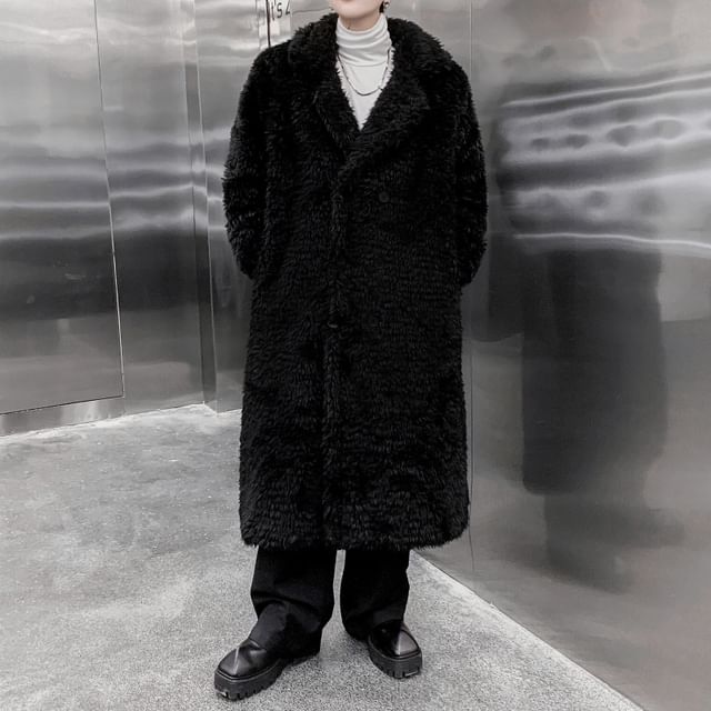 Patow-Collared Plain Midi Double Breasted Teddy Coat