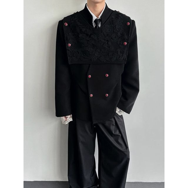 Patow-Double Breasted Lace Panel Blazer