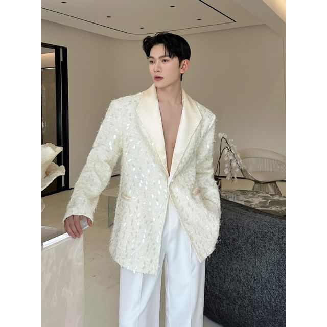 Patow-Lapelled Plain Sequin Single Breasted Blazer