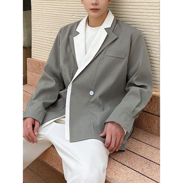 Patow-Layered Lapel Two Tone Mock Two Piece Double Breasted Blazer