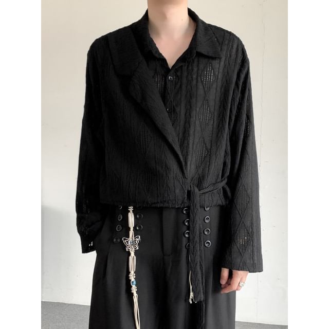 Patow-Long Sleeve Collared Plain Tie-Up Shirt