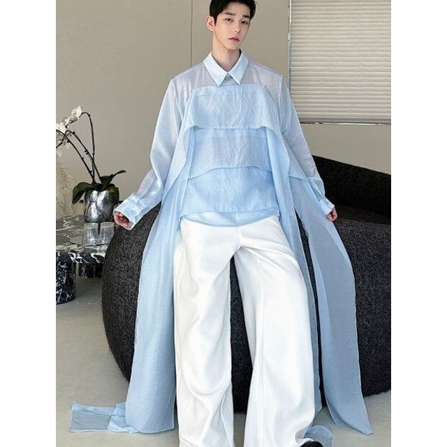 Patow-Long Sleeve Collared Plain Tiered Sash Shirt