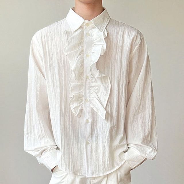 Patow-Long-Sleeve Collared Ruffle Trim Button Up Shirt