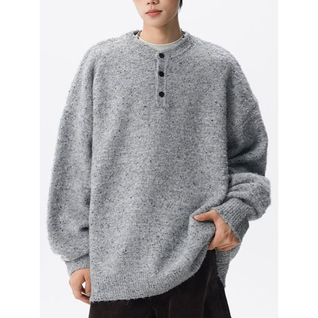 Patow-Long-Sleeve Henley Plain Knit Top