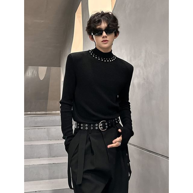Patow-Long Sleeve Mock Neck Plain Beaded Knit Top