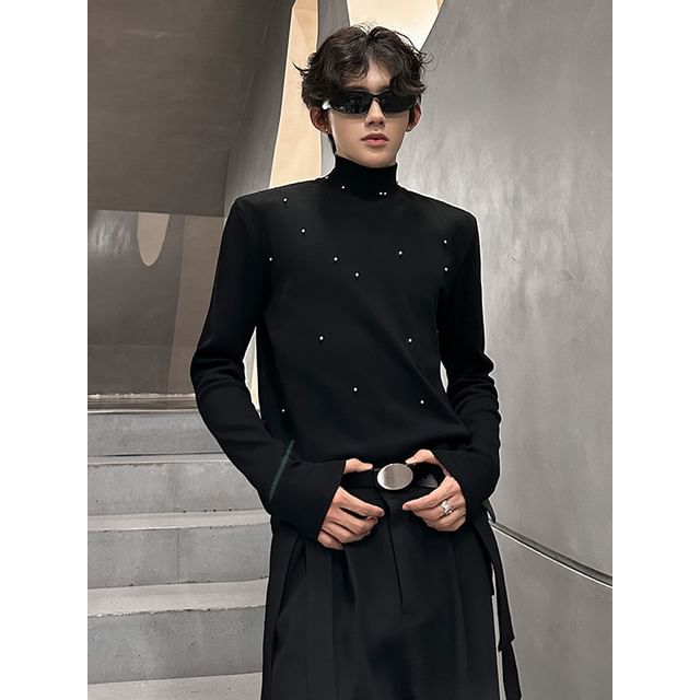 Patow-Long Sleeve Mock Neck Plain Beaded Top