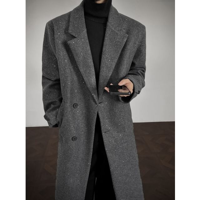 Patow-Notch Lapel Plain Glitter Midi Button Coat