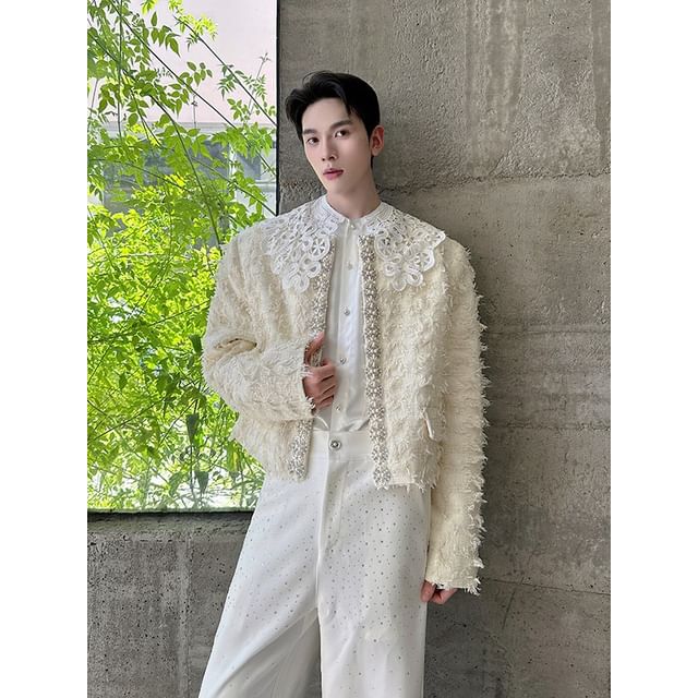 Patow-Round Neck Plain Beaded Tweed Jacket