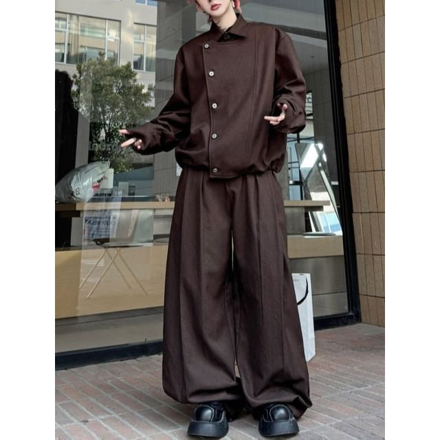 Patow-Set Collared Plain Panel Button Jacket Mid Rise Baggy Pants