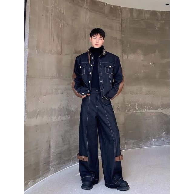 Patow-Set Stand Collar Panel Faux Leather Button Denim Jacket Mid Rise Straight Leg Jeans