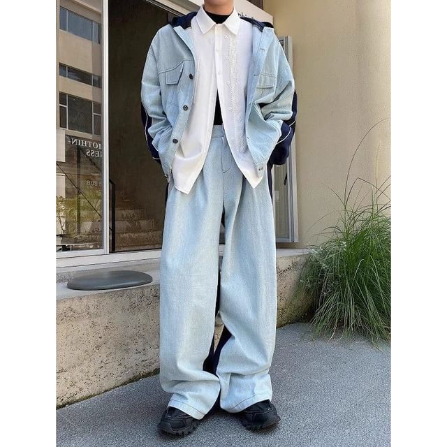 Patow-Set Two Tone Hood Panel Button Denim Jacket Mid Rise Straight Leg Jeans