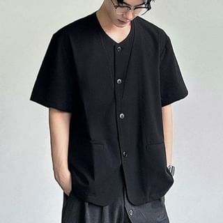 Patow-Short-Sleeve V-Neck Plain Button Up Shirt