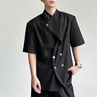 Patow-Short-Sleeve Wrap Collar Plain Double Breasted Shirt