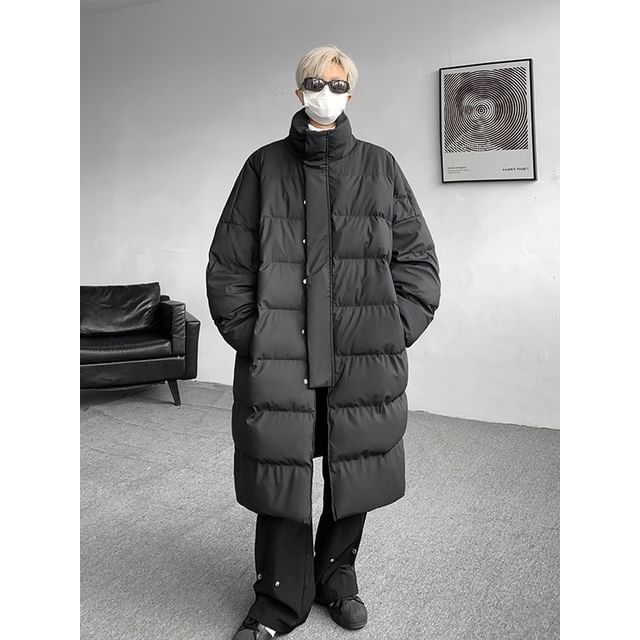 Patow-Stand Collar Plain Midi Zip Puffer Coat