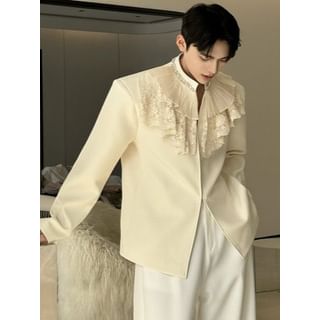 Patow-Stand Collar Plain Rhinestone Ruffle Panel Blazer