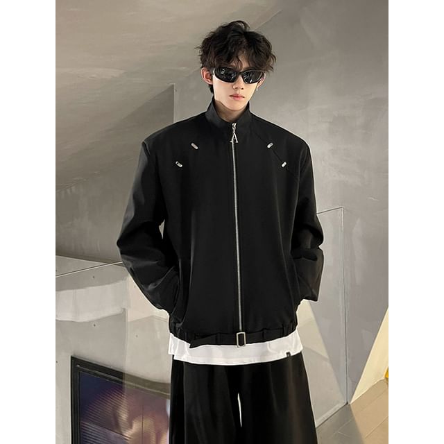 Patow-Stand Collar Plain Zip Jacket