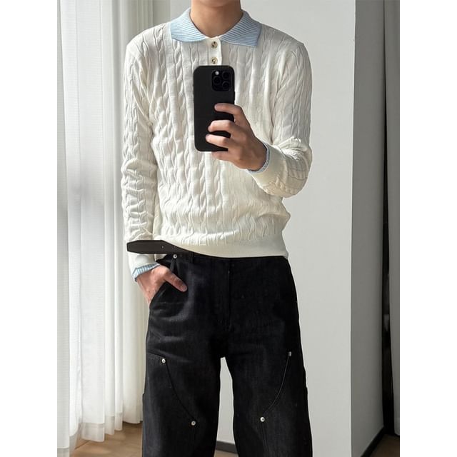 Patow-Striped Mock Two Piece Cable Knit Polo Sweater