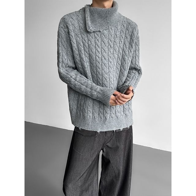 Patow-Turtleneck Plain Zip Cable Knit Sweater