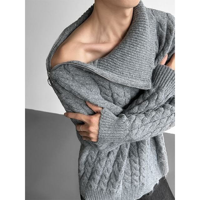 Patow-Turtleneck Plain Zip Cable Knit Sweater
