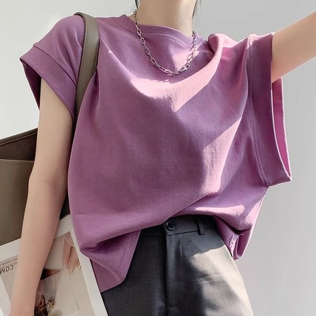 PERKARP-Cap-Sleeve Crew Neck Plain Tee