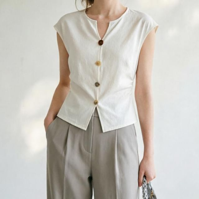 PERKARP-Cap-Sleeve V-Neck Plain Button-Up Slim-Fit Top