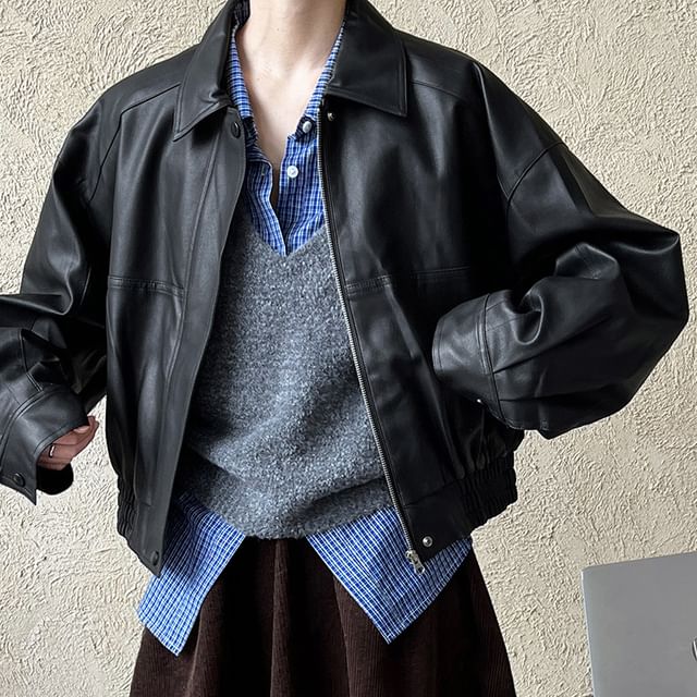 PERKARP-Collar Plain Faux Leather Zip Jacket