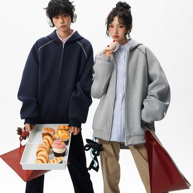 PERKARP-Couple Matching Contrast Stitching Zip Hoodie