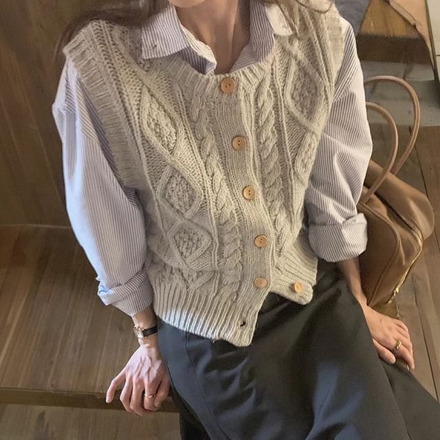 PERKARP-Crew Neck Plain Cable Knit Button Sweater Vest Long Sleeve Collared Striped Shirt Set
