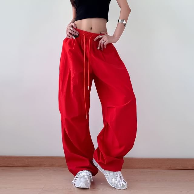 PERKARP-Drawstring Waist Plain Baggy Cargo Pants