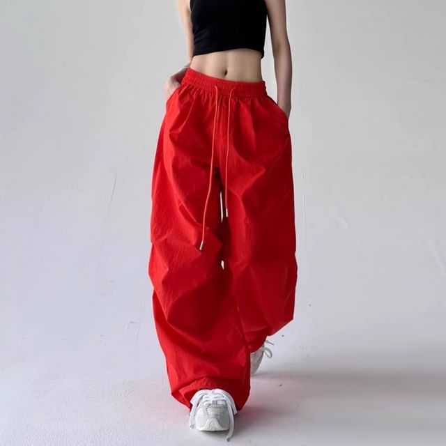 PERKARP-Drawstring Waist Plain Baggy Pants