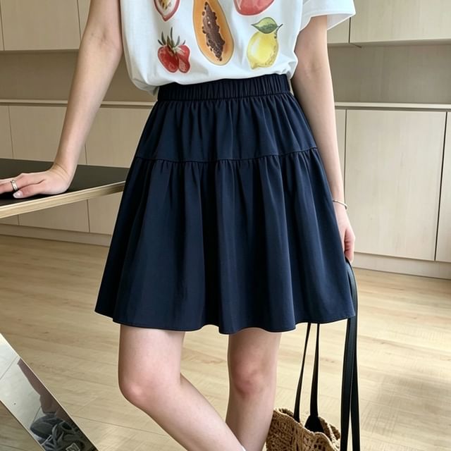 PERKARP-Elastic Waist Plain Mini A-Line Skirt