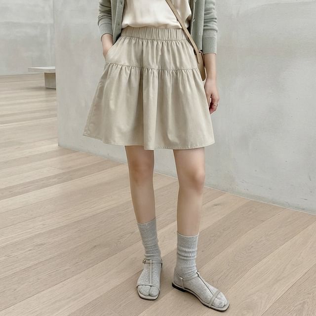 PERKARP-Elastic Waist Plain Mini A-Line Skirt