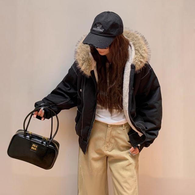 PERKARP-Fluffy Hooded Plain Bomber Jacket