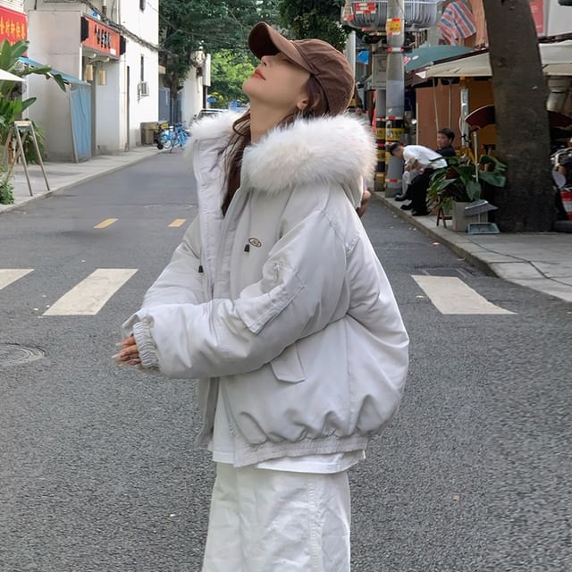 PERKARP-Fluffy Hooded Plain Puffer Bomber Jacket