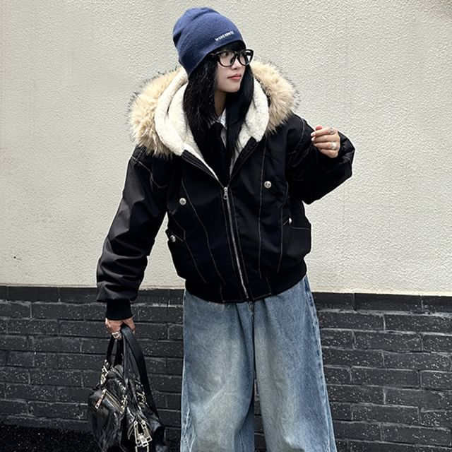 PERKARP-Fluffy Hooded Plain Puffer Jacket