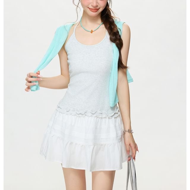 PERKARP-Halter Neck Plain Ruffled-Trim Camisole Top