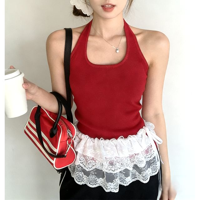 PERKARP-Halter Neck Plain Slim-Fit Tank Top
