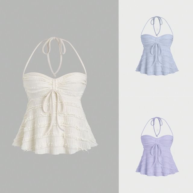 PERKARP-Halter Plain Frill Drawstring Top