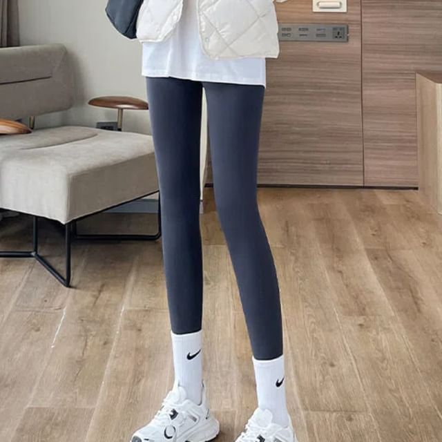 PERKARP-High Rise Plain Fleece-Lined Leggings