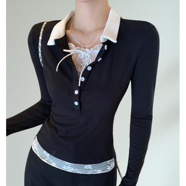 PERKARP-Long-Sleeve Lace Panel Two Tone Polo Top