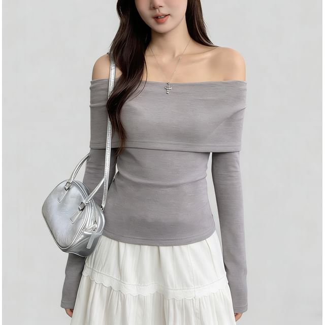 PERKARP-Long-Sleeve Off Shoulder Plain Top
