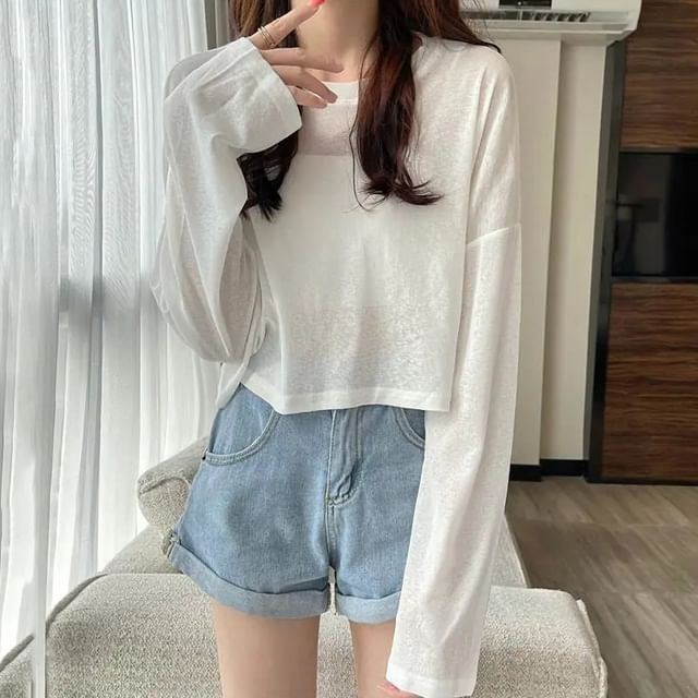 PERKARP-Long-Sleeve Round Neck Plain T-Shirt
