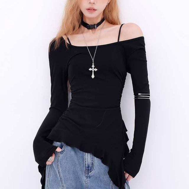 PERKARP-Long Sleeve Scoop Neck Plain Asymmetrical Ruffle Top