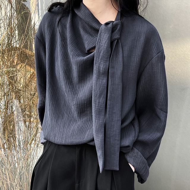 PERKARP-Long-Sleeve Tie-Neck Plain Blouse