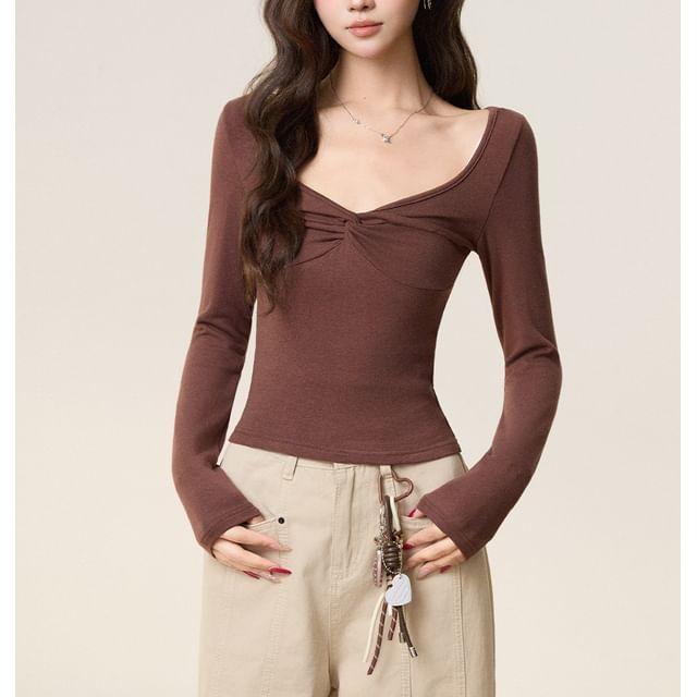 PERKARP-Long-Sleeve V-Neck Twisted Plain Top