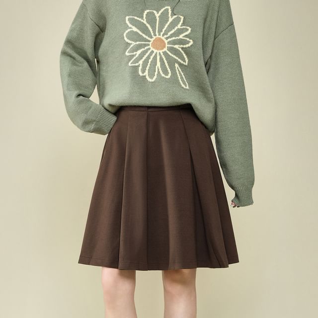 PERKARP-Mid Waist Plain A-Line Skirt