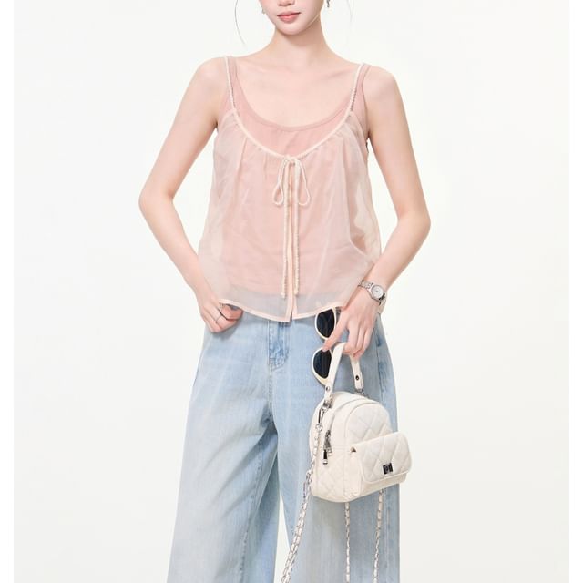 PERKARP-Mock Two Piece Mesh Panel Tie-Front Camisole Top